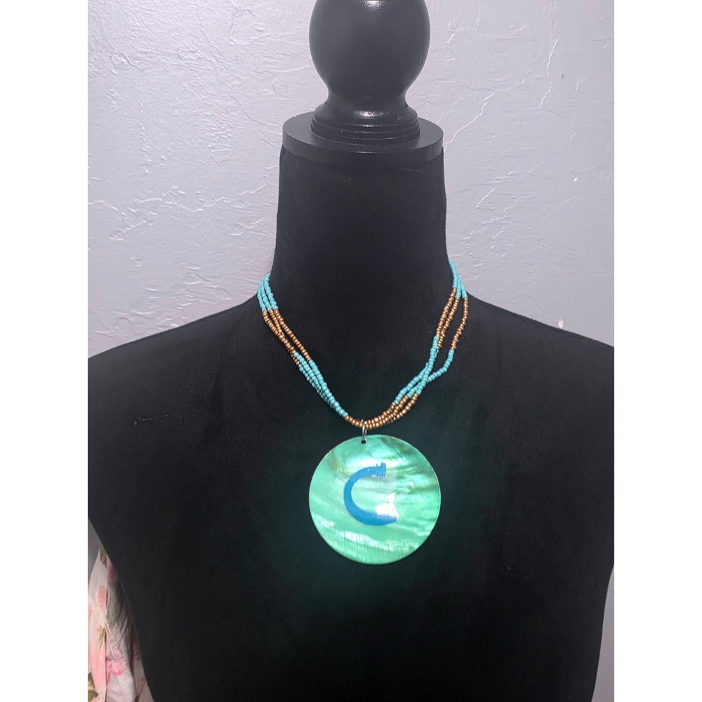 Turquoise Bronze Seed Bead Multi Strand Necklace Green Shell Initial C Pendant